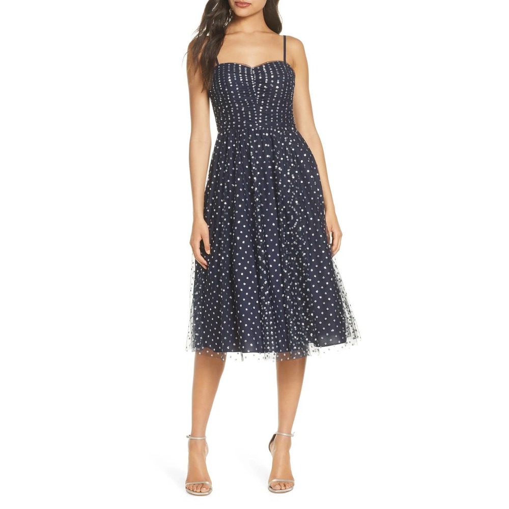 Eliza J Navy Glitter Mesh Fit & Flare Sweetheart Cocktail Dress Size 2 NWT